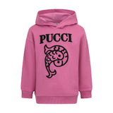 Fuchsia hooded sweatshirt with black "PUCCI" text and a black textured fish-like graphic on the front.