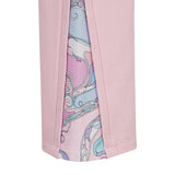 Pink jogging suit pant leg with a split hem, revealing an inner fabric with a colorful abstract swirling pattern in pink, pur