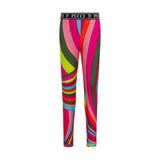 Vibrant multicolor leggings with abstract wavy patterns in fuchsia, orange, green, and blue. Black elastic 'PUCCI' logo waist