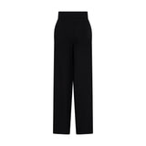 Black high-waisted straight-leg trousers made of smooth fabric, with a flat front and no visible pockets.