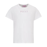 White crew neck T-shirt for kids with short sleeves and a patterned 'PUCCI' logo on the chest.