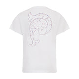 White short-sleeve T-shirt with a large, abstract P-shaped graphic on the back, filled with thin pink and light blue diagonal