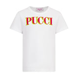 White short-sleeve crew neck t-shirt with a bright pink 'PUCCI' logo outlined in neon yellow on the front.