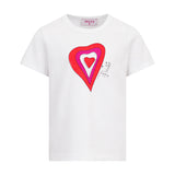 White short-sleeved t-shirt with a layered red and pink heart graphic and 'Emilio' signature on the front.
