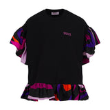 Black t-shirt with pink 'PUCCI' embroidery, ruffled sleeves and hem featuring a vibrant abstract pattern in purple, pink, ora