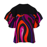 Black t-shirt with solid black upper back. Lower back and flutter sleeves feature vibrant swirling orange, fuchsia, and purpl