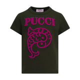 Dark green kids' short-sleeved t-shirt with a ribbed crew neck and a large pink textured 'PUCCI' logo and stylised fish graph