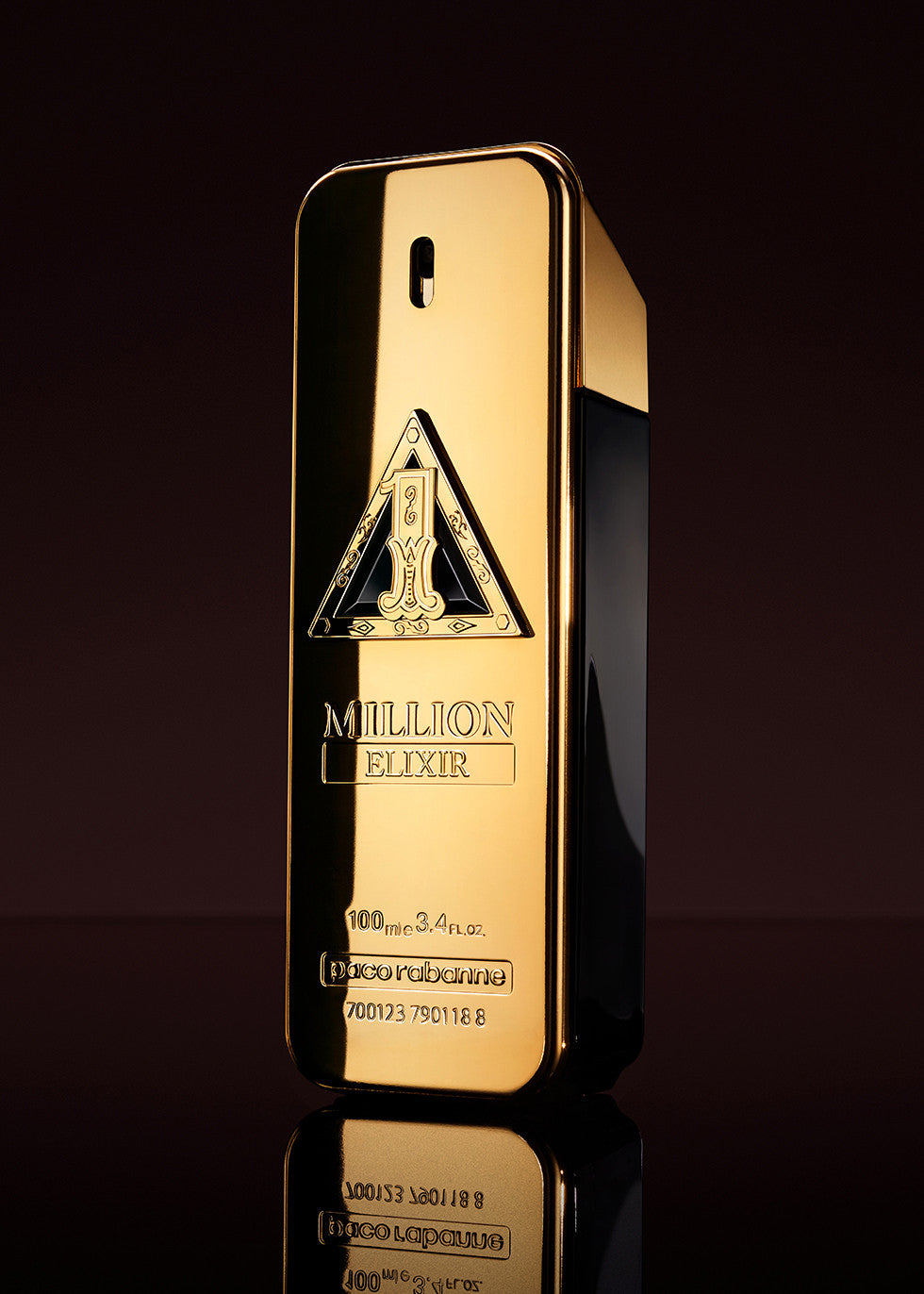 Paco Rabanne 1M Elixir Parfum Intense 100ml Gold and black perfume bottle with 'A Million Elixir' branding on a dark background