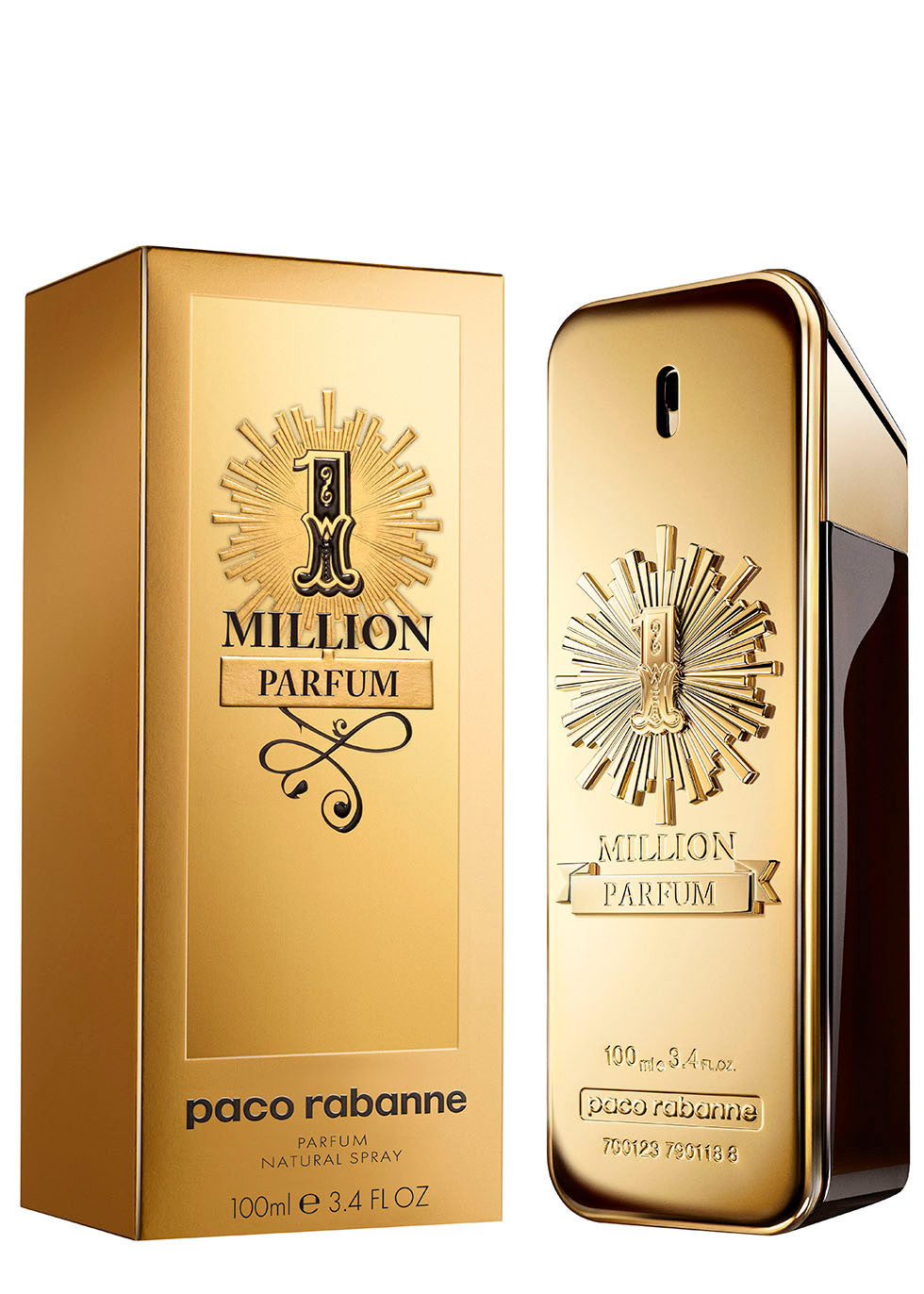 Paco Rabanne 1 Million Parfum 100ml Paco Rabanne 1 Million perfume bottle and packaging on a white background