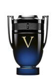 Paco Rabanne Invictus Victory Elixir Parfum 100ml Blue perfume bottle with a gold 'V' on a white background