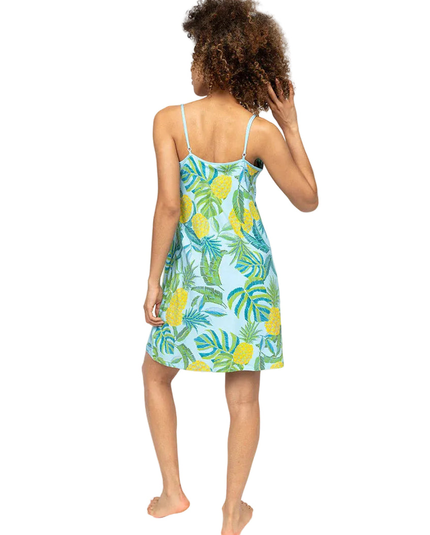 Light blue jersey short nightdress with yellow pineapple and green leaf tropical print, featuring thin adjustable spaghetti s