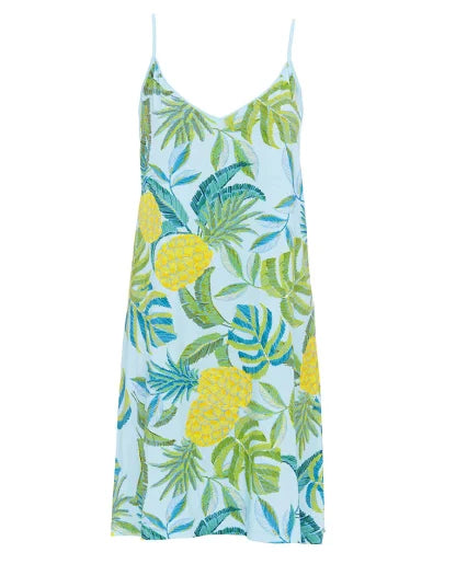 Light blue short nightdress with thin spaghetti straps and a V-neck, featuring a tropical print of yellow pineapples and gree