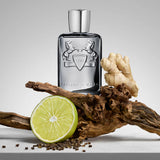 A metallic silver Parfums de Marly fragrance bottle artfully arranged with raw ingredients: a sliced green lime, a piece of ginger root, peppercorns, and textured driftwood.