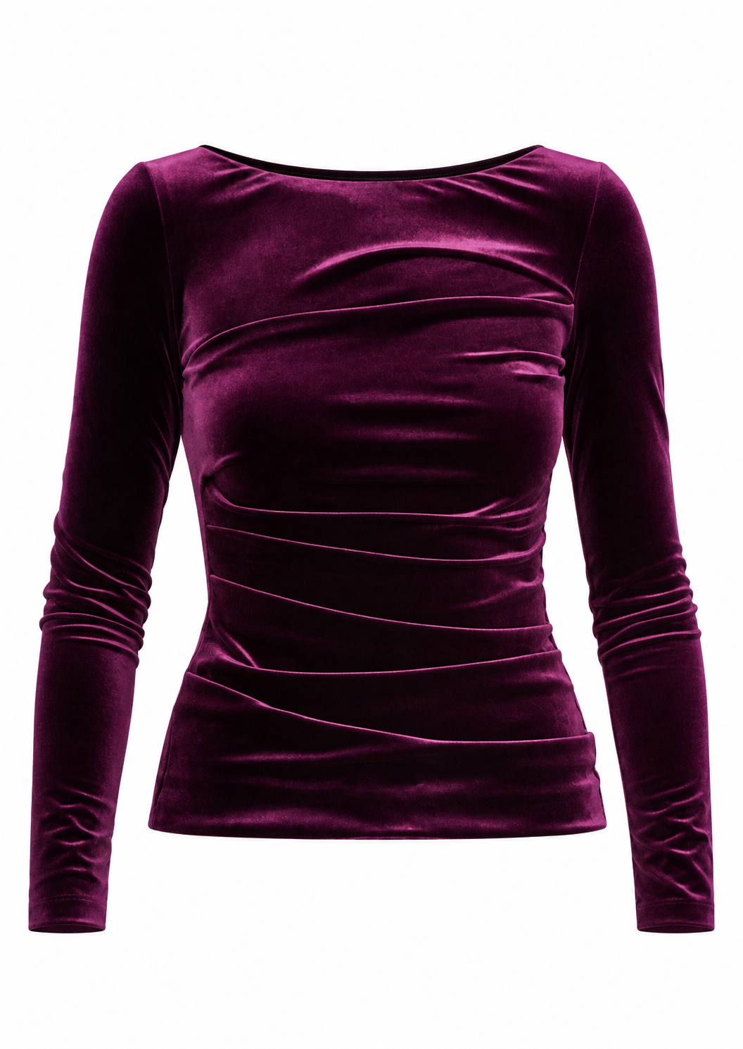 Aubergine velvet long sleeve top with a boat neckline and horizontal ruching across the front bodice.