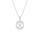 A direct frontal macro shot focusing on the Swarovski Una Angelic pendant, emphasizing the intricate facets of the large white cushion-cut crystal and the pavé-set bail.