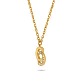 A close-up studio shot of the Marina pendant, showcasing the precision-set clear crystals defining the interlocking gold monogram loops.