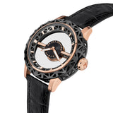 Three-quarter studio perspective highlighting the multi-tiered hollowed black bezel architecture, the polished rose gold midcase details, and the oversized fluted rose gold crown with the logo emblem.