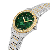 Three-quarter studio perspective view showcasing the integrated link design, the brushed stainless steel case edges, and the iridescence of the green dial.