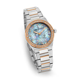 A three-quarter perspective studio view emphasizing the angular layout of the integrated stainless steel lugs, the rose gold link accents, and the shimmering texture of the diamond dial face.