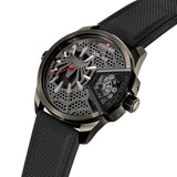 High-angle studio perspective shot highlighting the dimensional layers of the web dial, the dual side-crowns, the raised black Police shroud panel, and the textured black silicone strap.