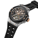 High-angle studio view highlighting the transparency of the integrated smoke-grey TR90 lugs, the rose gold-finished crown, and the multi-layered mechanical depth of the open-heart face.