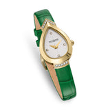 Three-quarter studio perspective highlighting the elegant curve of the polished yellow gold pear-shaped case, the matching gold-tone hands, and the natural grain on the inside of the green leather strap.