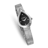 Three-quarter studio perspective highlighting the elegant curve of the pear-shaped case, the polished gold finish, and the fluid texture of the integrated bracelet.