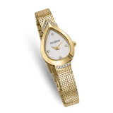 Three-quarter studio perspective highlighting the elegant curve of the pear-shaped case, the polished gold finish, and the fluid texture of the integrated bracelet.
