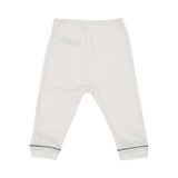 Petit Bateau baby pajama set in white with a navy striped sailor collar, button-up top, and matching long pants with navy piping.