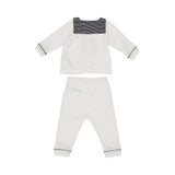 Petit Bateau baby pajama set in white with a navy striped sailor collar, button-up top, and matching long pants with navy piping.
