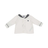Petit Bateau baby pajama set in white with a navy striped sailor collar, button-up top, and matching long pants with navy piping.