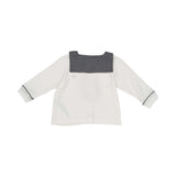 Petit Bateau baby pajama set in white with a navy striped sailor collar, button-up top, and matching long pants with navy piping.