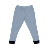 A two-piece Petit Bateau pajama set featuring light blue and white horizontal stripes with navy blue ribbed collar and cuffs.