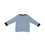 A two-piece Petit Bateau pajama set featuring light blue and white horizontal stripes with navy blue ribbed collar and cuffs.