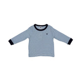 A two-piece Petit Bateau pajama set featuring light blue and white horizontal stripes with navy blue ribbed collar and cuffs.