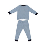 A two-piece Petit Bateau pajama set featuring light blue and white horizontal stripes with navy blue ribbed collar and cuffs.
