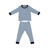 A two-piece Petit Bateau pajama set featuring light blue and white horizontal stripes with navy blue ribbed collar and cuffs.