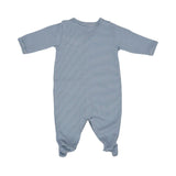 Petit Bateau blue and white horizontal striped baby sleepsuit with long sleeves, enclosed feet, and front snap buttons.