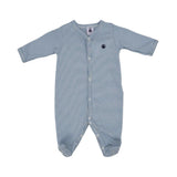 Petit Bateau blue and white horizontal striped baby sleepsuit with long sleeves, enclosed feet, and front snap buttons.
