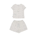 Petit Bateau girls' two-piece pajama set featuring an off-white short-sleeve t-shirt and matching shorts with a navy and pink floral print.