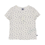 Petit Bateau girls' two-piece pajama set featuring an off-white short-sleeve t-shirt and matching shorts with a navy and pink floral print.