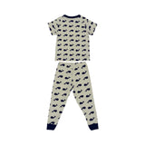 Petit Bateau children's pajama set consisting of a short-sleeve grey t-shirt and long pants, both featuring an all-over navy blue whale print with dark navy trim on the collar and cuffs.