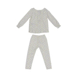 girls' two-piece white pajama set from Petit Bateau with a colorful mini-dot pattern, featuring a long-sleeve top with a gathered neckline and matching leggings.