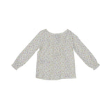 girls' two-piece white pajama set from Petit Bateau with a colorful mini-dot pattern, featuring a long-sleeve top with a gathered neckline and matching leggings.