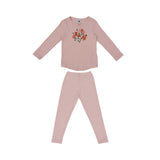 A dusty rose two-piece Petit Bateau pajama set for girls, featuring a long-sleeve top with a central floral graphic and matching long leggings.