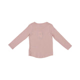 A dusty rose two-piece Petit Bateau pajama set for girls, featuring a long-sleeve top with a central floral graphic and matching long leggings.
