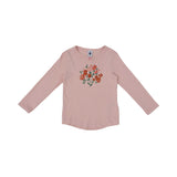 A dusty rose two-piece Petit Bateau pajama set for girls, featuring a long-sleeve top with a central floral graphic and matching long leggings.