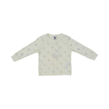 Beige-colored two-piece Petit Bateau pajama set for girls with an all-over silver glitter heart pattern and ribbed ankle and wrist cuffs.
