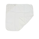 A white square cotton terry baby towel from Petit Bateau featuring a corner hood with a multicolored floral print and a small logo.