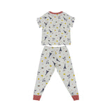 Petit Bateau kids' white two-piece pyjama set featuring a blue Eiffel Tower and yellow croissant print with red striped trim.